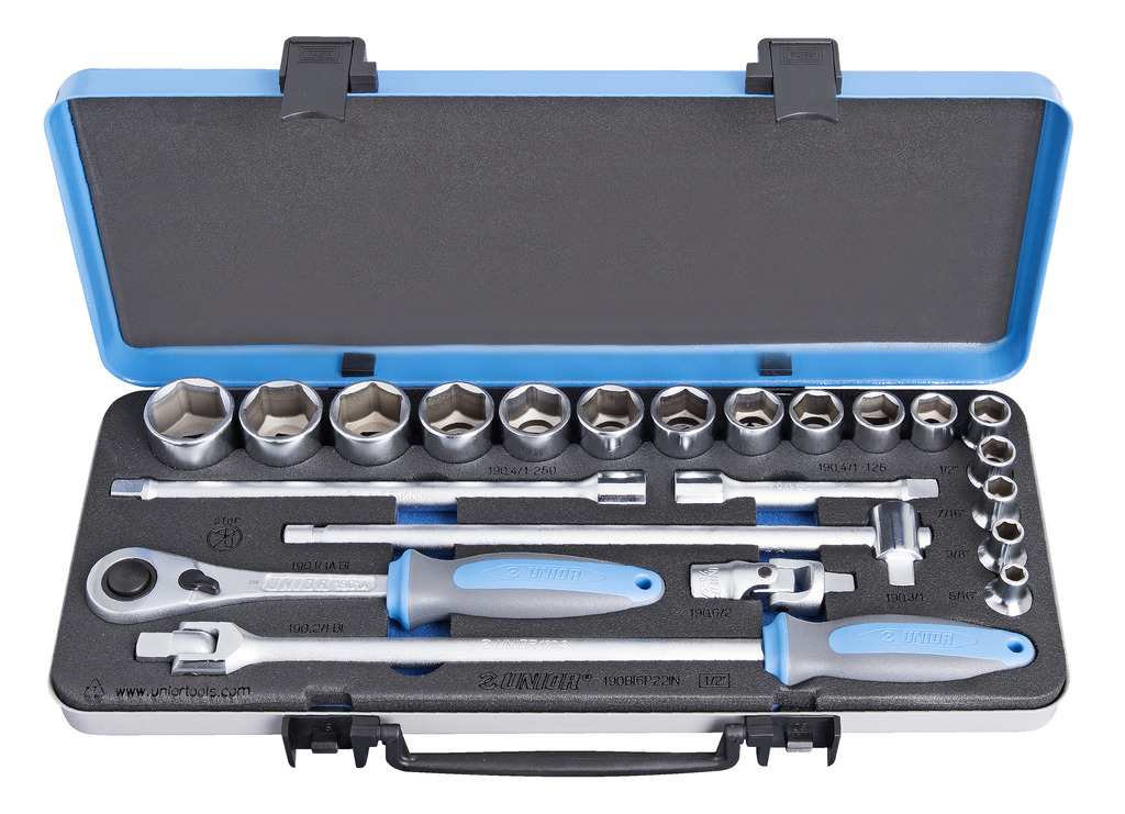 UNIOR	UN-615180	طقم لقم 1/2"  ( 5/16" : 1.1/4" ) باليد والوصلات صندوق معدن