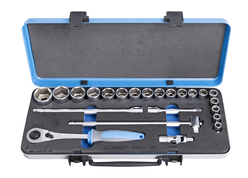 UNIOR	UN-612779	طقم لقم 1/2" مسدس علبه معدن من  مم10 : 32 مم 23 قطعه